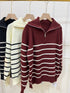 Heavy Knitted Collar Zip Stripes Pullover